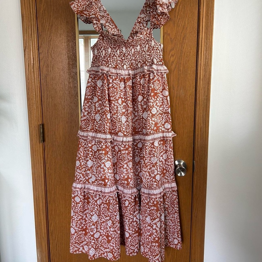 Cleobella Red and Cream Tiered Maxi Sundress